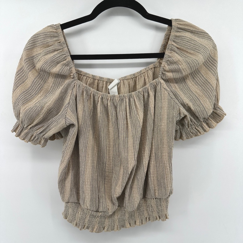 HM Striped Puff Sleeve Smocked Hem Blouse Tan Black Square Neck Small